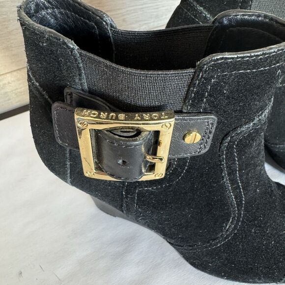 Tory Burch Adrienne Black Suede Wedge Heel Chelsea Ankle Boot Women 6 M Chic - Picture 4 of 12